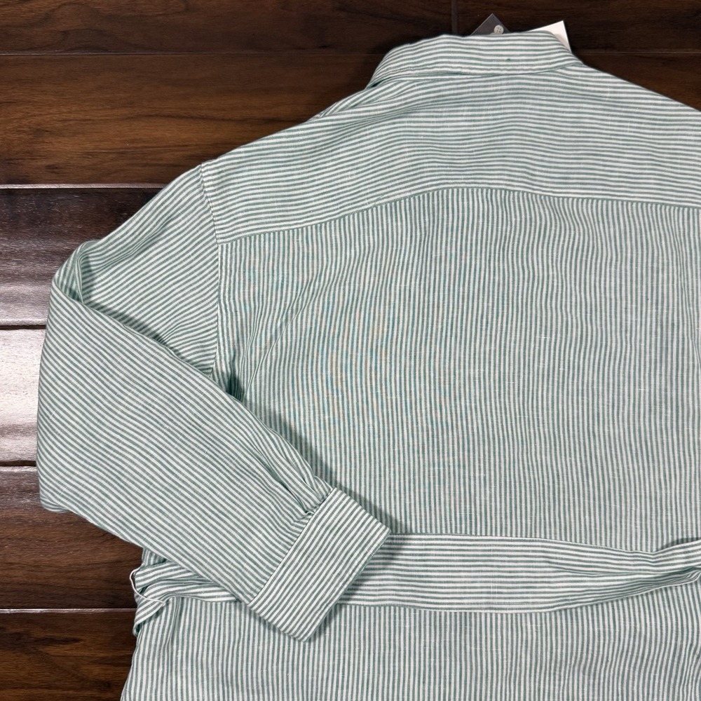 Lauren Ralph Lauren Women's Size 1X Green White Striped Belted Linen Shirt Top - Picture 8 of 10